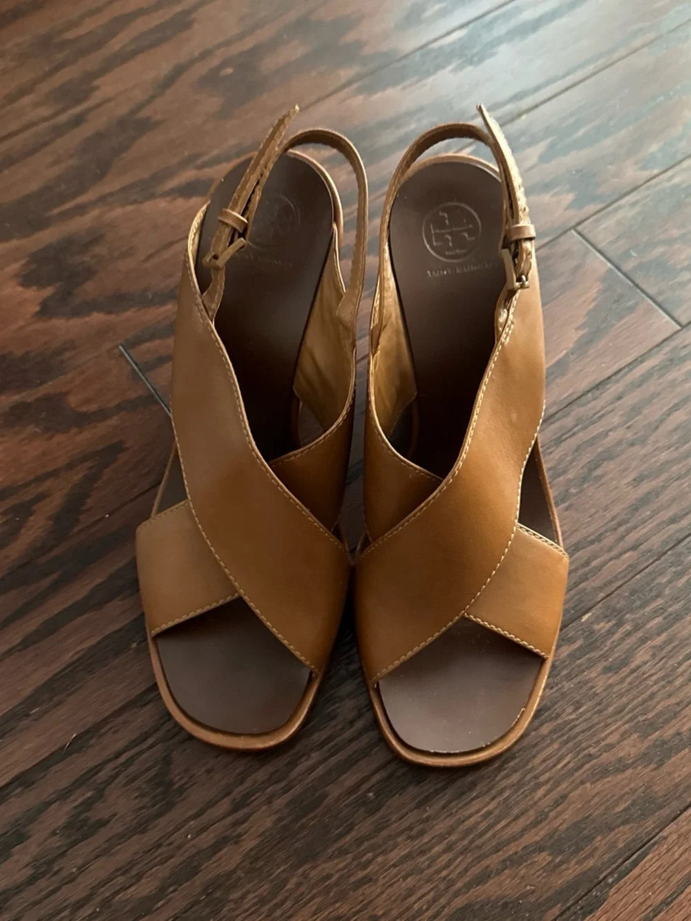 Tory Burch Gabrielle brown Leather wedge Sandals preppy summer resort size 8.5